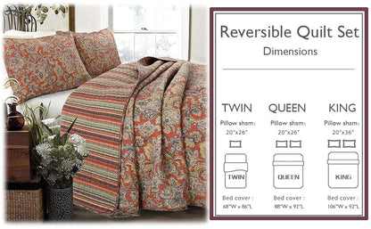 Lara Paisley Vintage Rustic Bronze Country Fall Floral Copper Cotton Reversible Quilt Bedding Set