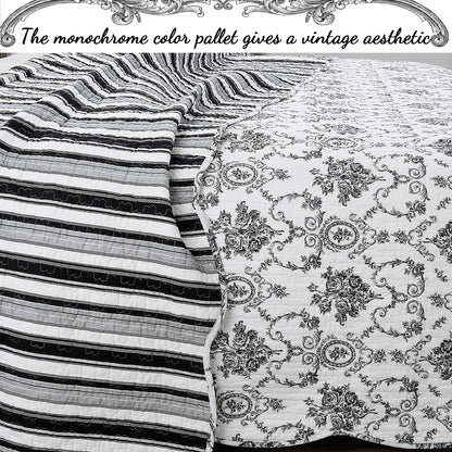 French Medallion Black Scalloped Edge Cotton 3-piece Reversible Quilt Bedding Set