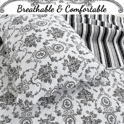 French Medallion Black Scalloped Edge Cotton 3-piece Reversible Quilt Bedding Set