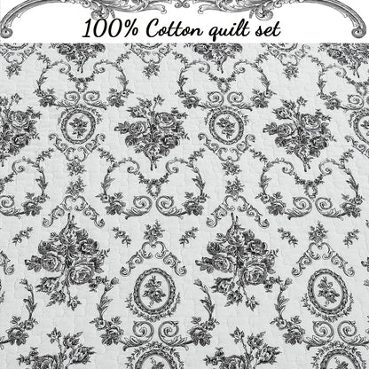 French Medallion Black Scalloped Edge Cotton 3-piece Reversible Quilt Bedding Set