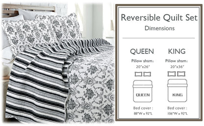 French Medallion Black Scalloped Edge Cotton 3-piece Reversible Quilt Bedding Set