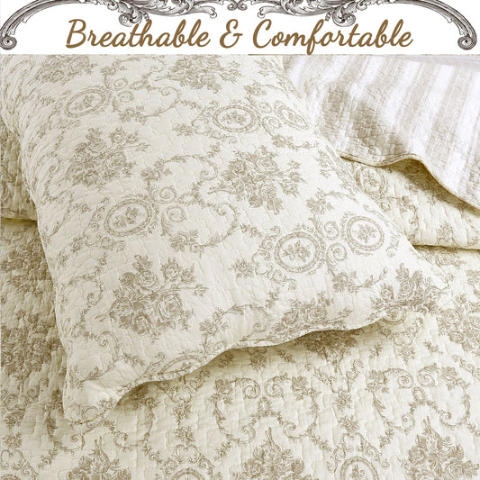 French Medallion Ivory Scalloped Edge Cotton 3-piece Reversible Quilt Bedding Set