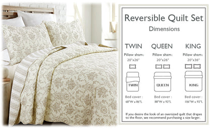 French Medallion Ivory Scalloped Edge Cotton 3-piece Reversible Quilt Bedding Set