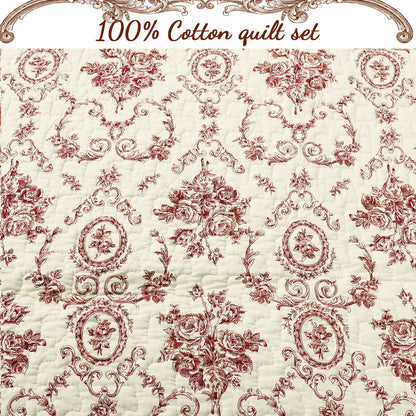 French Medallion Red Scalloped Edge Cotton 3-piece Reversible Quilt Bedding Set