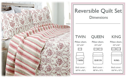 French Medallion Red Scalloped Edge Cotton 3-piece Reversible Quilt Bedding Set