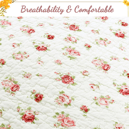 Pink Rose Garden Floral Cotton 3-piece Reversible Quilt Bedding Set