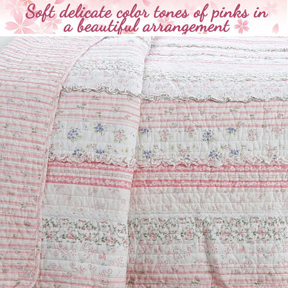 Romantic Chic Lace Ruffle Pink Real Patchwork Cotton Reversible Quilt Bedding Set
