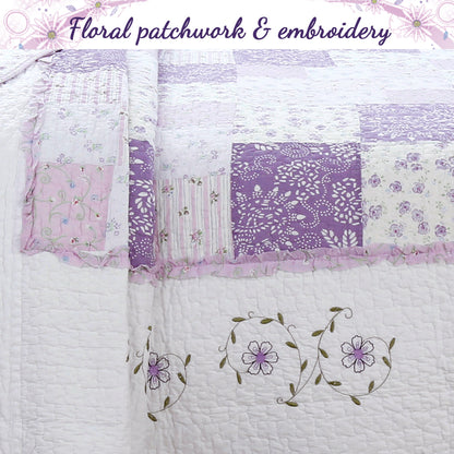 Love of Lilac Lavender Floral Real Patchwork Purple Scalloped Cotton 3-Piece Reversible Quilt Bedding Set