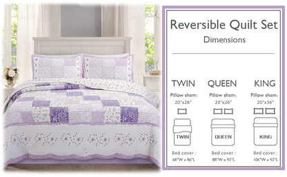 Love of Lilac Lavender Floral Real Patchwork Purple Scalloped Cotton 3-Piece Reversible Quilt Bedding Set