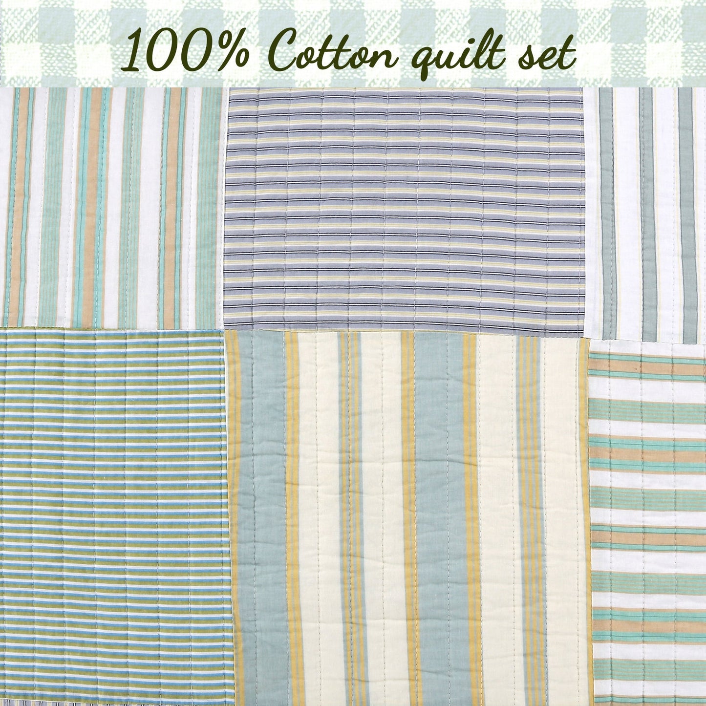 Spa Striped Real Patchwork Cotton Reversible Quilt Bedding Set
