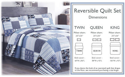 Daniel Stripe Plaid Blue Real Patchwork Cotton Reversible Quilt Bedding Set
