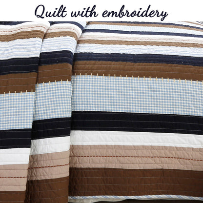 Nathan Stripe Blue Brown Real Patchwork Cotton Reversible Quilt Bedding Set