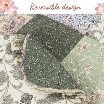Grace Forest Green Real Patchwork Embroidered Scalloped Edge 3-Piece Cotton Reversible Quilt Bedding Set