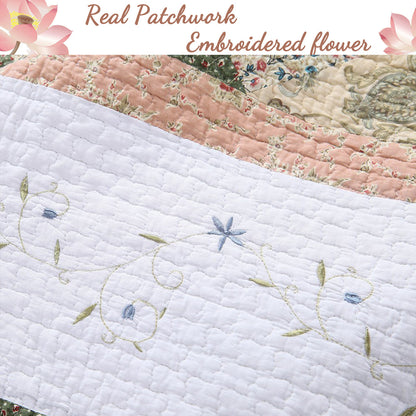 Grace Forest Green Real Patchwork Embroidered Scalloped Edge 3-Piece Cotton Reversible Quilt Bedding Set