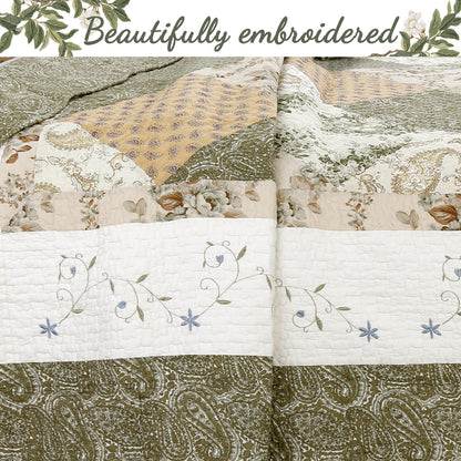 Grace Sage Green Real Patchwork Embroidered Scalloped Edge Cotton Reversible Quilt Bedding Set