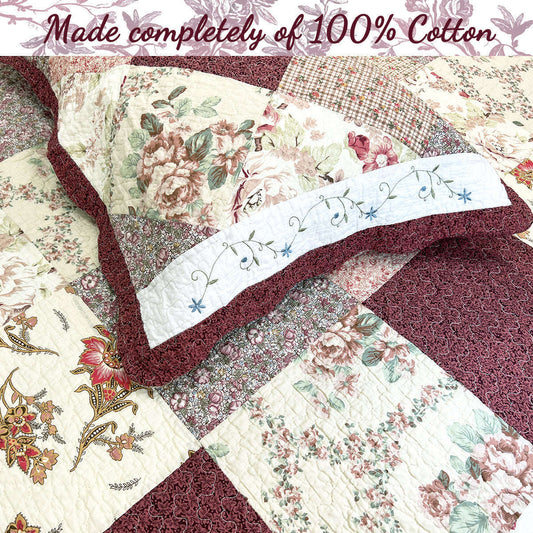 Grace Burgundy Real Patchwork Embroidered Scalloped Edge 3-Piece Cotton Reversible Quilt Bedding Set Otarealm