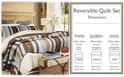 Mary Ann Stripe Real Patchwork Cotton 3-piece Reversible Quilt Bedding Set