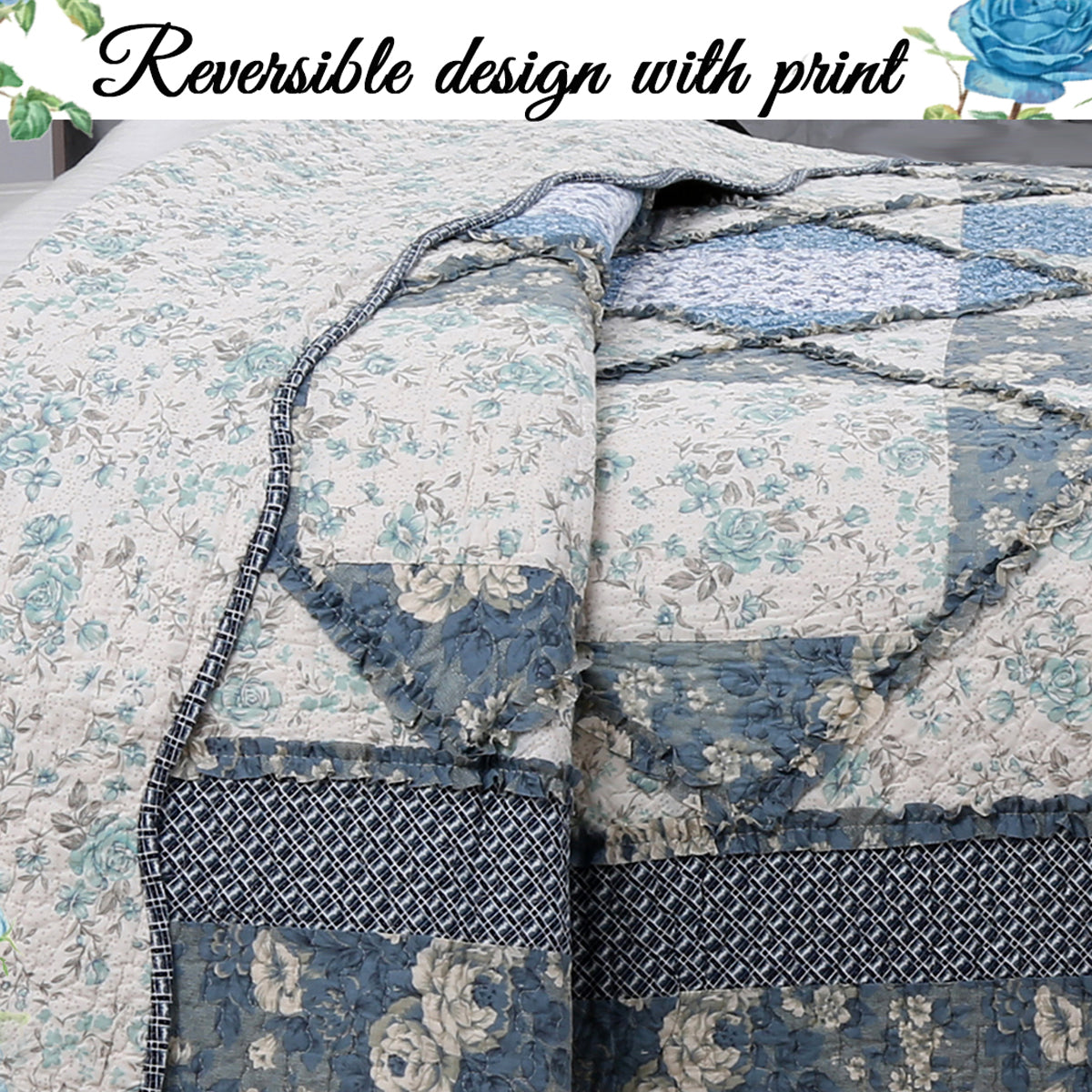 Moyers Blue Ruffle Real Patchwork Scalloped Edge Cotton 3-Piece Reversible Quilt Bedding Set