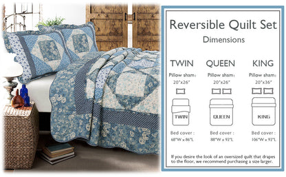 Moyers Blue Ruffle Real Patchwork Scalloped Edge Cotton 3-Piece Reversible Quilt Bedding Set