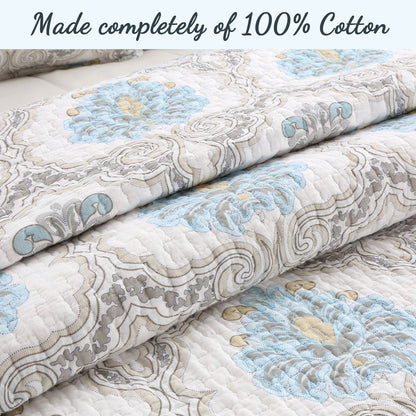 Blue Floral Medallion Cotton 3-Piece Reversible Quilt Bedding Set