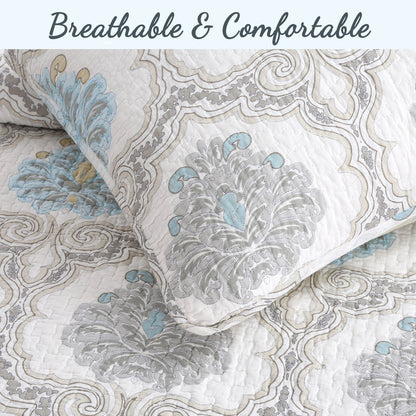 Blue Floral Medallion Cotton 3-Piece Reversible Quilt Bedding Set