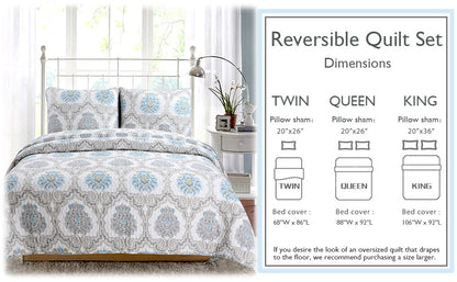 Blue Floral Medallion Cotton 3-Piece Reversible Quilt Bedding Set
