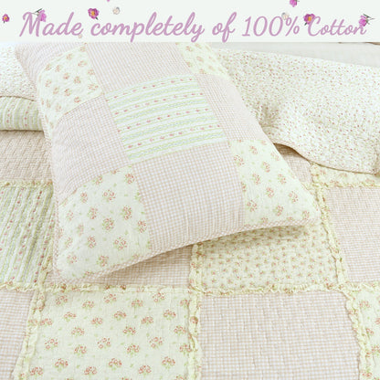 Sweet Peach Pink Floral Ruffle Scalloped Real Patchwork Cotton Reversible Quilt Bedding Set