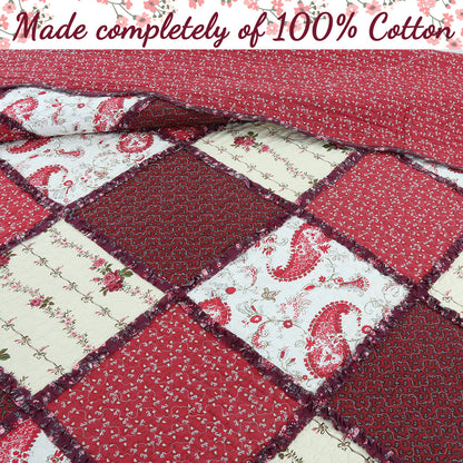 Pineiro Red Floral Real Patchwork Cotton 3-Piece Reversible Quilt Bedding Set
