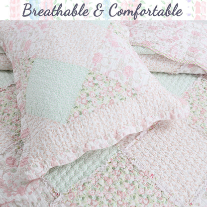 Banner Pink Floral Ruffle Real Patchwork Scalloped Edge Cotton Reversible Quilt Bedding Set