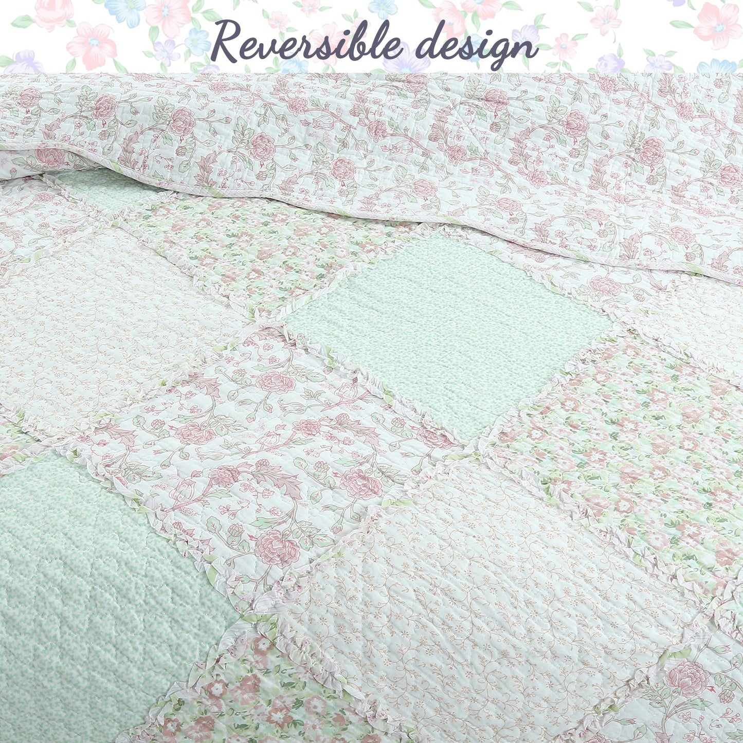 Banner Pink Floral Ruffle Real Patchwork Scalloped Edge Cotton Reversible Quilt Bedding Set