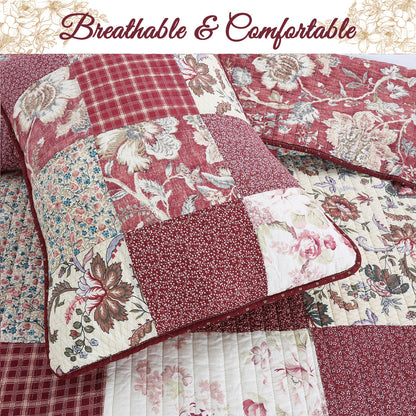 Stockwood Red Real Patchwork 3-Piece Cotton Reversible Quilt Bedding Set