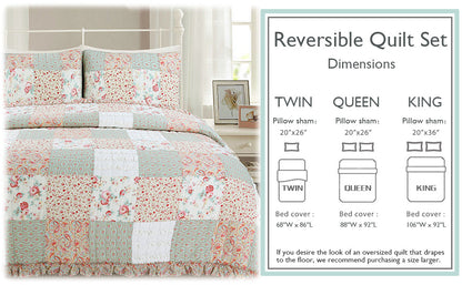 Mucci Floral Ruffle Real Patchwork Cotton 3-Piece Reversible Quilt Bedding Set