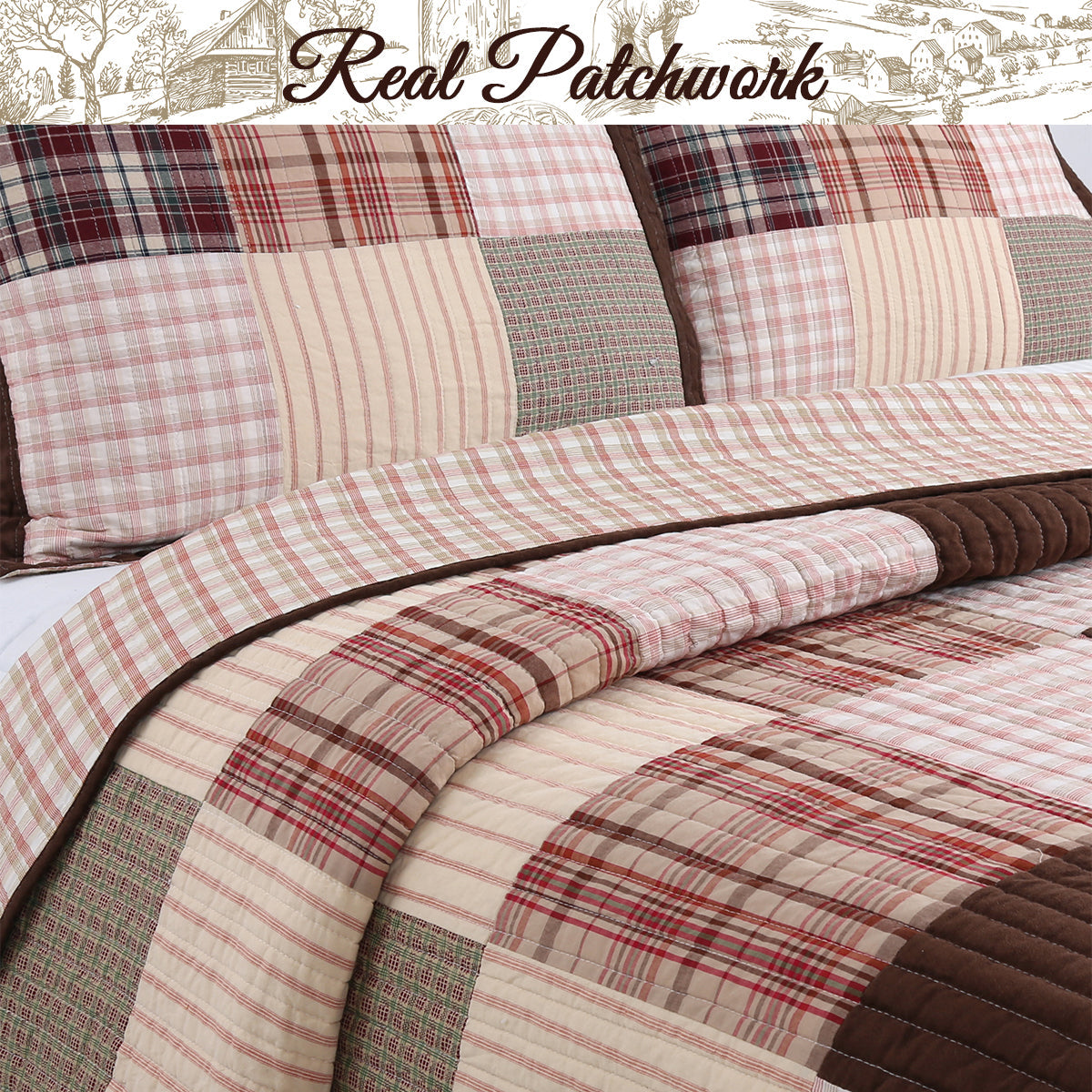 Jakob Plaid Brody Brown Real Patchwork Cotton Reversible Quilt Bedding Set