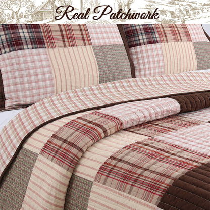 Jakob Plaid Brody Brown Real Patchwork Cotton Reversible Quilt Bedding Set