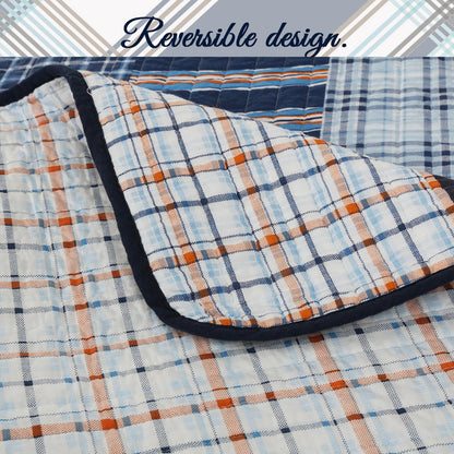 Salina Navy Stripped Plaid Print Patchwork Cotton Reversible Quilt Bedding Set