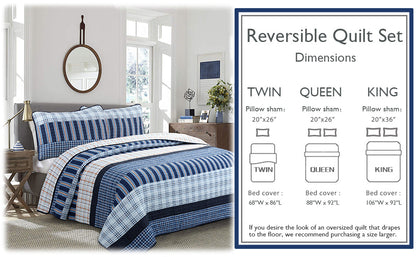 Salina Navy Stripped Plaid Print Patchwork Cotton Reversible Quilt Bedding Set