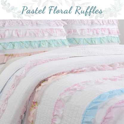 Devers Ruffles White Pink Blue Cotton Reversible Quilt Bedding Set