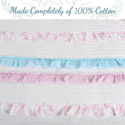 Devers Ruffles White Pink Blue Cotton Reversible Quilt Bedding Set
