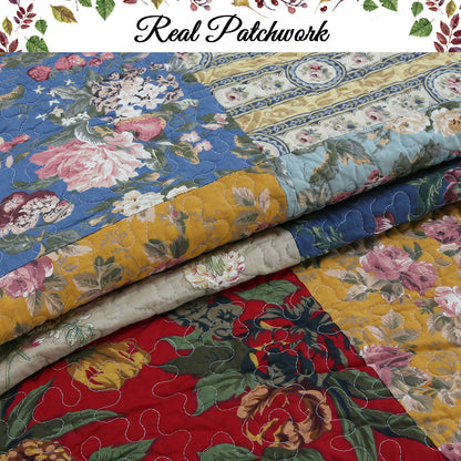 Ryleigh Floral Real Patchwork Country Garden Fall Flowers Paisley 3-Piece Cotton Reversible Quilt Bedding Set