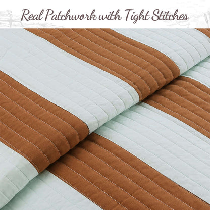 Elaina Brick Red Aqua Striped 3-Piece Cotton Reversible Quilt Bedding Set