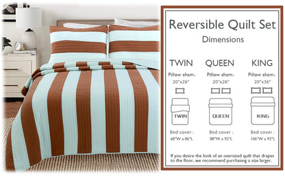 Elaina Brick Red Aqua Striped 3-Piece Cotton Reversible Quilt Bedding Set