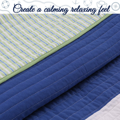 Waylon Blue Green Stripe Real Patchwork Cotton Reversible Quilt Bedding Set