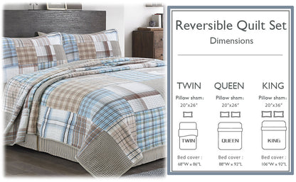 Hank Real Patchwork Blue 3-piece Cotton Reversible Quilt Bedding Set