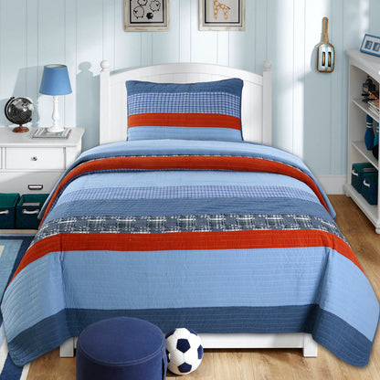 Navy Red Denim Plaid Real Patchwork Cotton Reversible Quilt Bedding Set