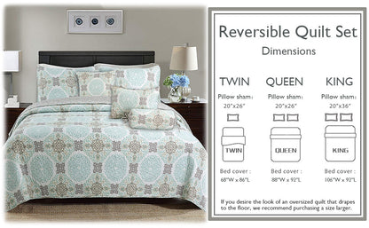 Light Green Damask 3-Piece Reversible Quilt Bedding Set