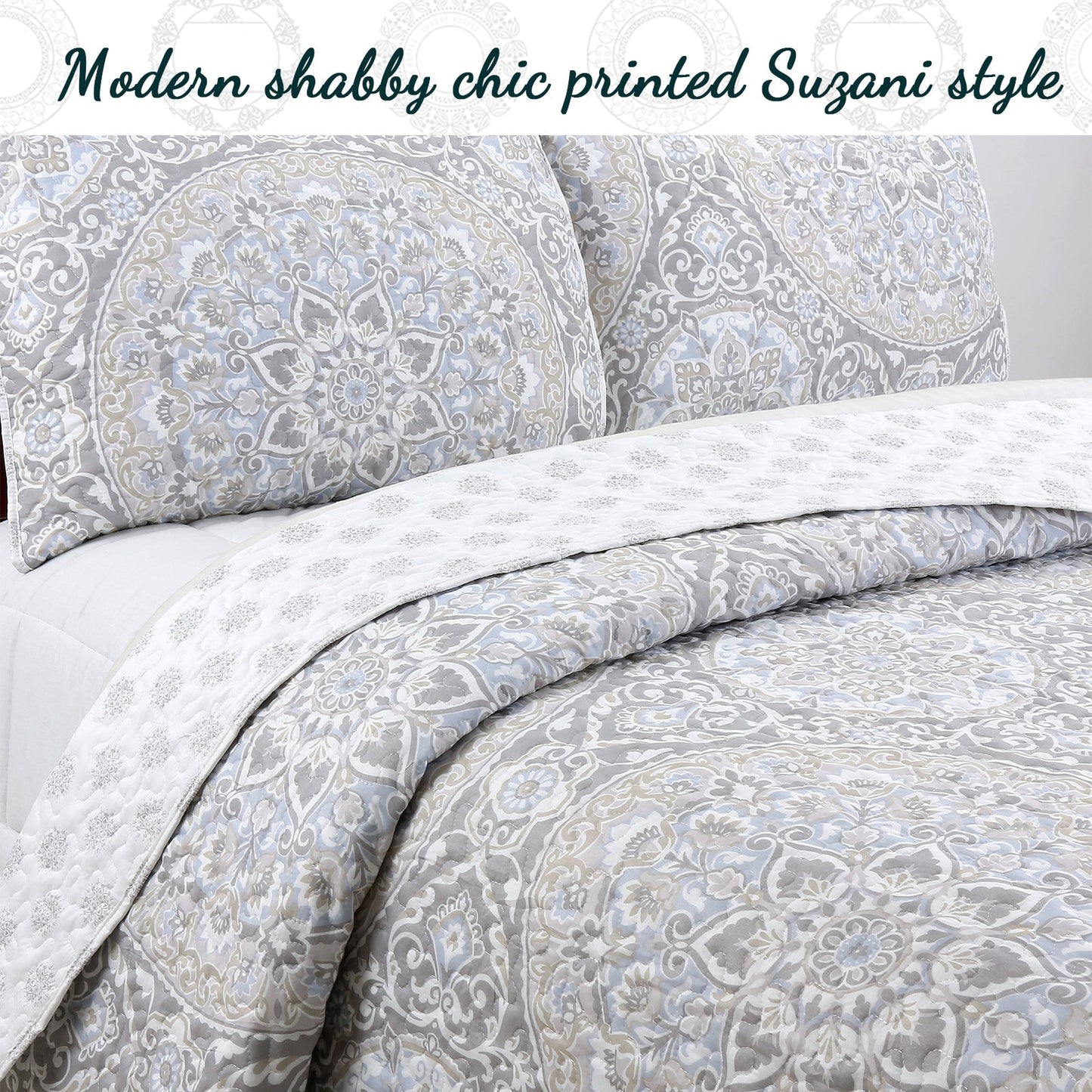Venetia Gray Medallion 3-Piece Reversible Quilt Bedding Set