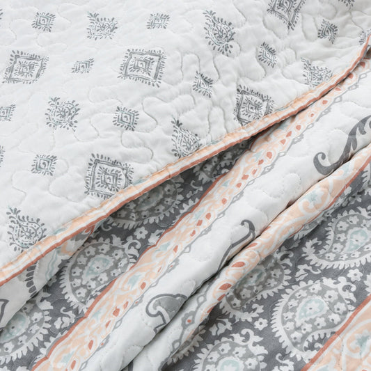 Peach Paisley Print Grey Aqua Blue Floral 3-Piece Reversible Quilt Bedding Set
