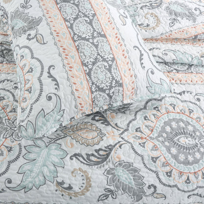 Peach Paisley Print Grey Aqua Blue Floral 3-Piece Reversible Quilt Bedding Set