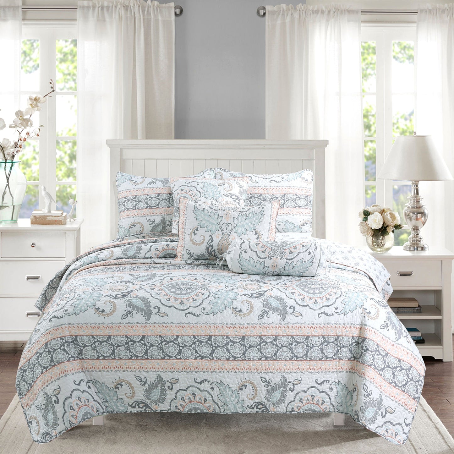 Peach Paisley Print Grey Aqua Blue Floral 3-Piece Reversible Quilt Bedding Set