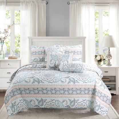 Peach Paisley Print Grey Aqua Blue Floral 3-Piece Reversible Quilt Bedding Set